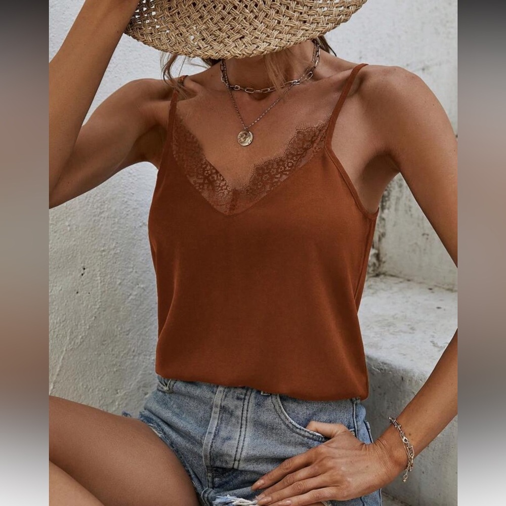 Elegant Brown Lace Trim Cami Top